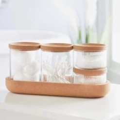 B&M Storage Jars 5pk -Hot Sale Household Items 373970 set of 4 glass storage jars with cork lids and tray