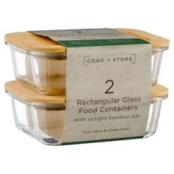 B&M Rectangular Glass Food Containers With Bamboo Lids 2pk -Hot Sale Household Items 376824 2pk regular glass food containers1