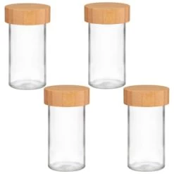 B&M Set Of 4 Glass Spice Jars With Bamboo Wood Base -Hot Sale Household Items 394437 set of 4 glass spice jars with bamboo wood lid and base group